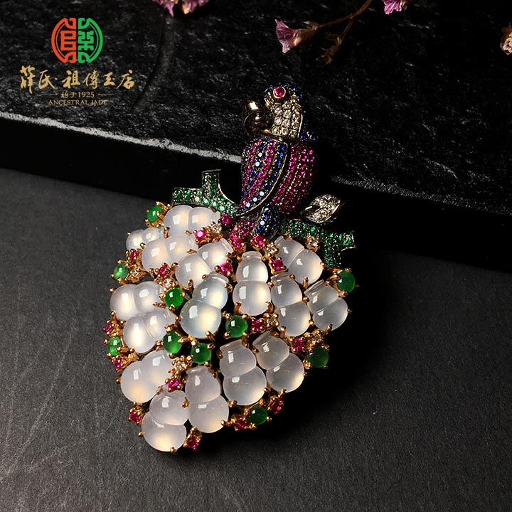 冰种纯净翡翠福禄群镶挂坠